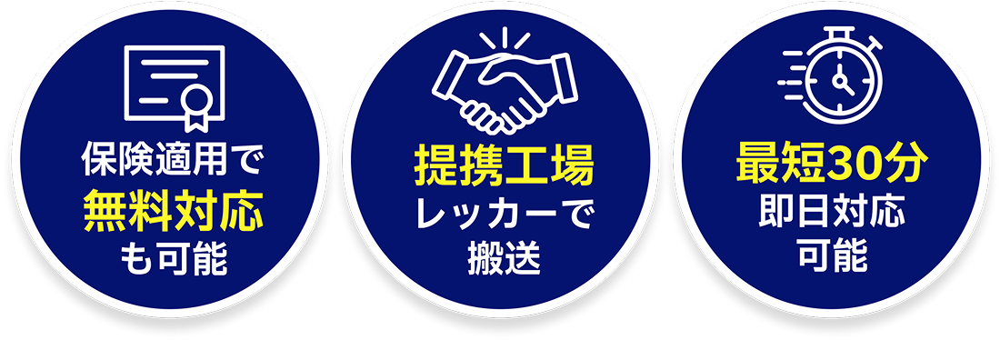 保険適用で無料対応も可能／提携工場レッカーで搬送／最短30分即日対応可能